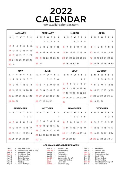 Wiki Printable Calendar 2022